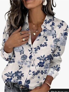 Women's Navy Floral Button-Down Shirt - Classic White & Blue